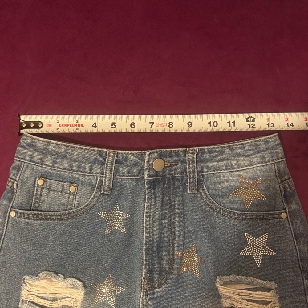 Denim Star-Embellished Women's Shorts Blue Jean Distressed Higheise Cutoff Small - Picture 9 of 11